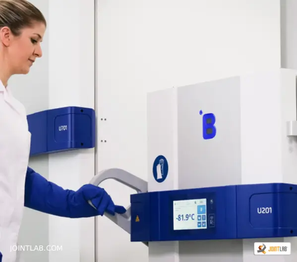 Operator opens a small B Medical Systemsultra-cold freezer with a large cryogenic glove.