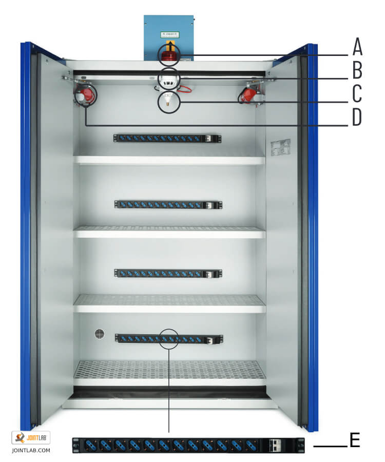 Open lithium battery safety cabinet with accessories