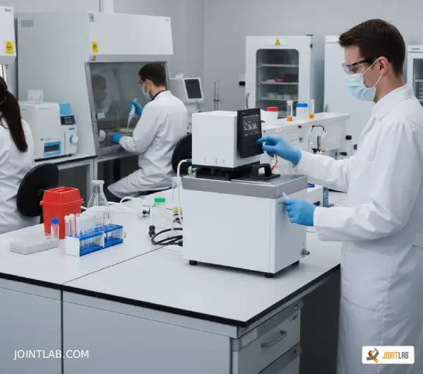 Laboratory operator uses a Lauda Universa thermostat in a microbiological laboratory.