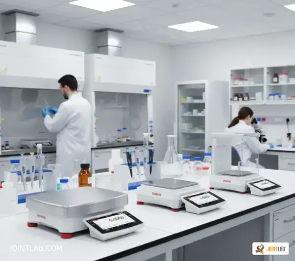 Three new Explorer scales Ohaus on a table in a laboratory for the research of microorganisms with hoods, freezers and operators.