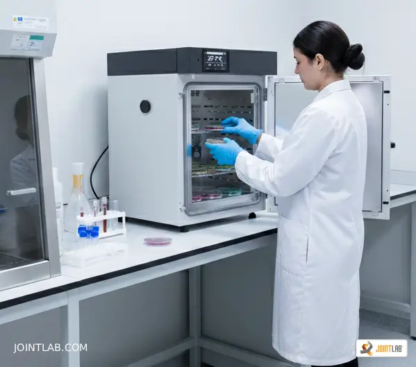 Laboratory operator inserts Petri discs into a Pol-Eko incubator ; next to champions and a hood.